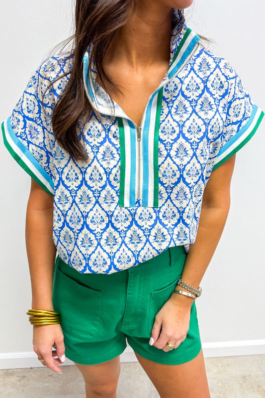 Sky Blue Colorblock Striped Collar Bohemian Print Blouse