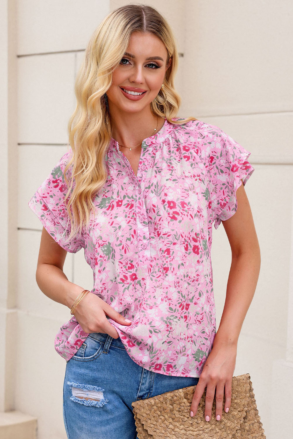 Pink Floral Button Notch Neck Ruffle Sleeve Blouse