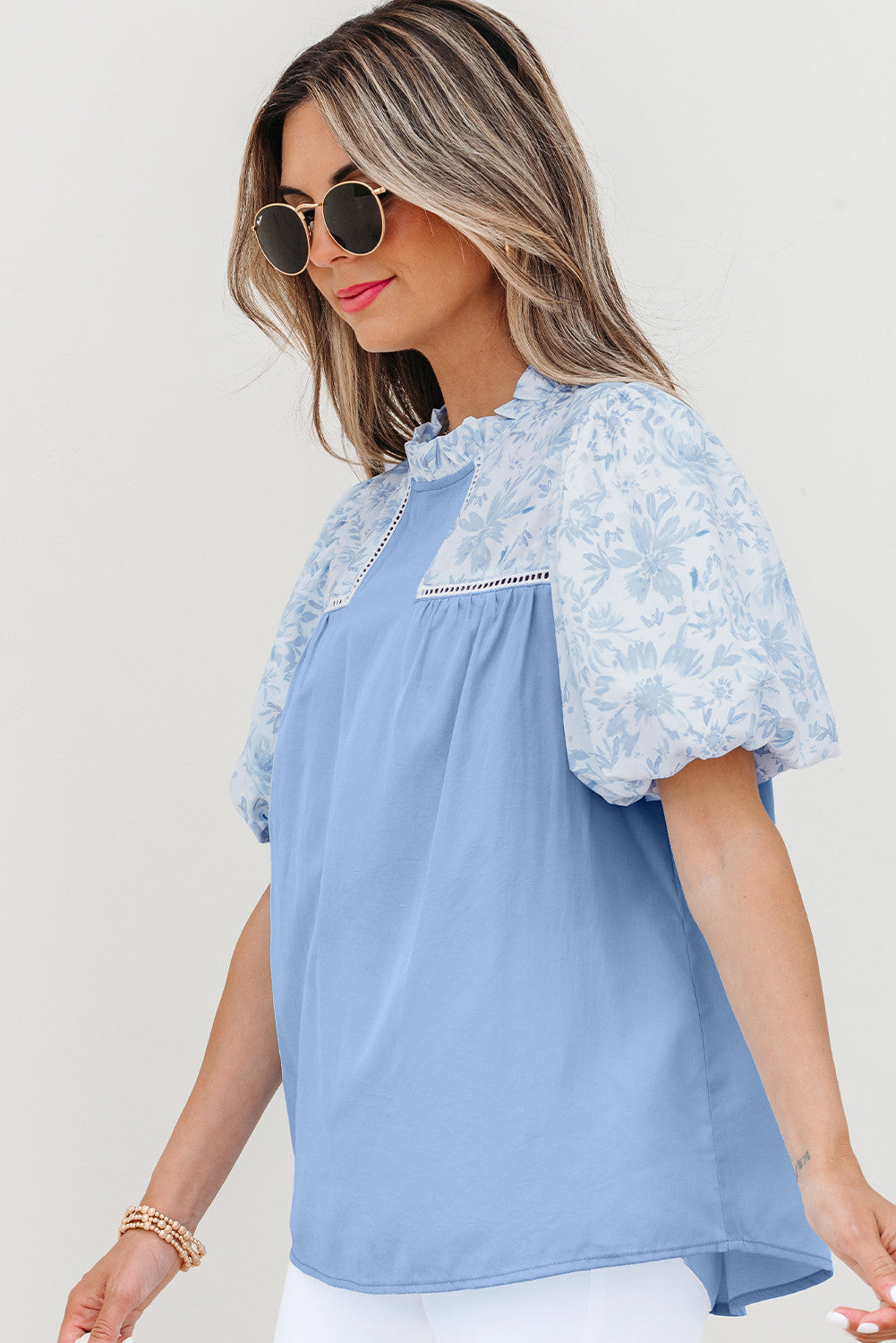 Beau Blue Lace Insert Floral Puff Sleeve Blouse