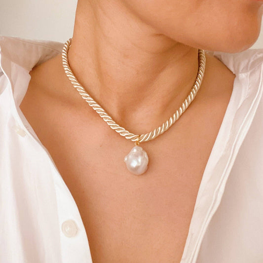 Satin Rope Baroque Pearl Necklace: Cream