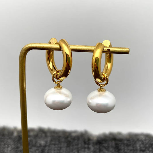 Lantern Shaped Pearl 18K Golden SS Huggie Earrings