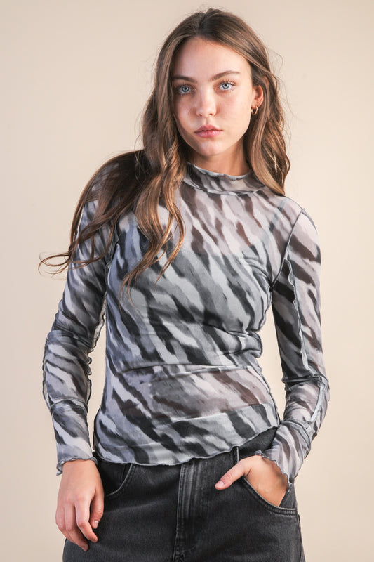 Zebra Printed Mesh Fitted Lace Top