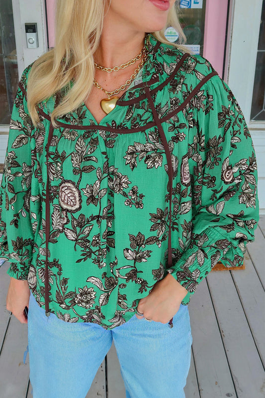 Print Contrast Trim V Neck Shirred Puff Sleeve Blouse
