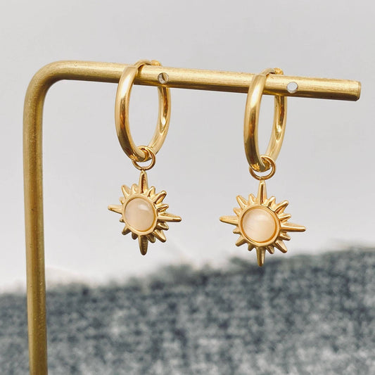 Cat's Eye Stone Sun Charm 18K Gold Plated SS Earrings