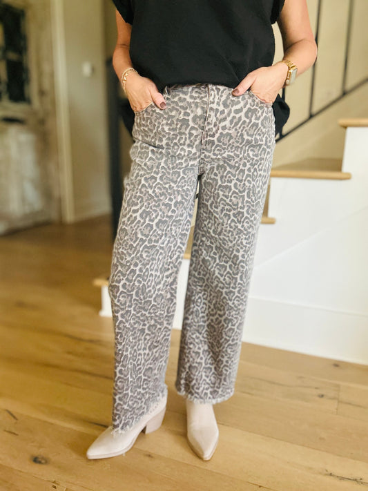Brown Leopard High Waist Frayed Hem Jeans