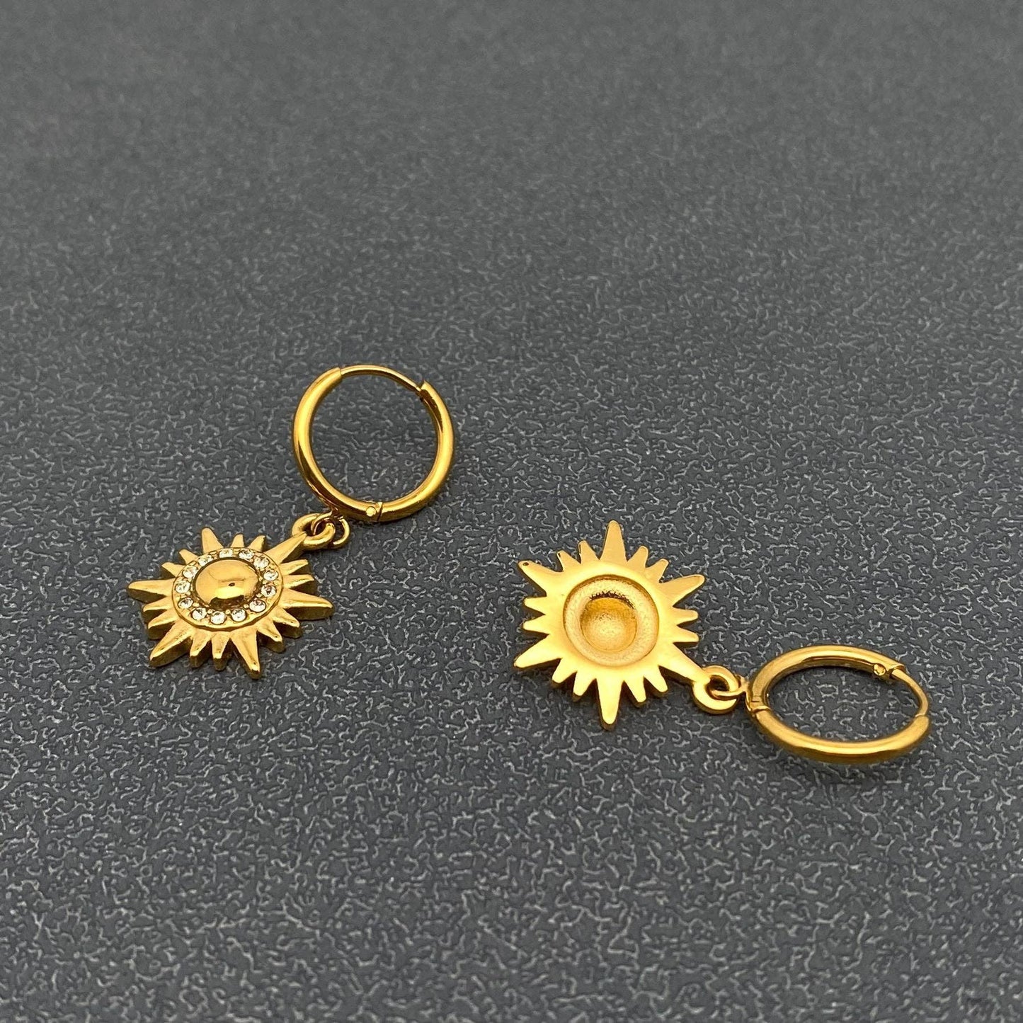 Inlaid CZ Sun Charm 18K Gold Plated Steel Huggie