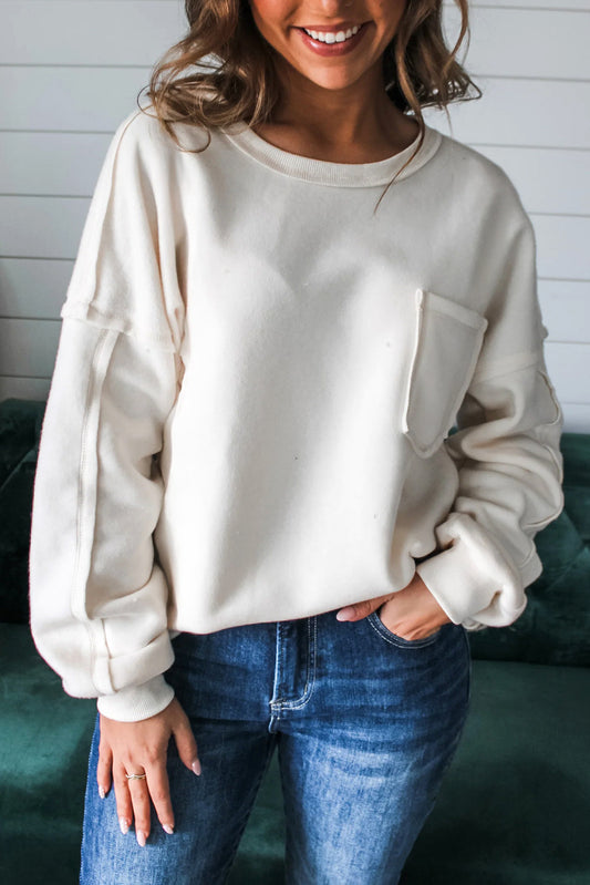 Off White Solid Color Drop Sleeve Pullover Sweatshirt