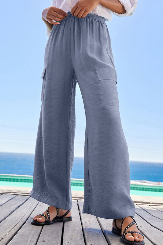 Dark Grey Drawstring Smocked Waist Wide Leg Utility Trousers