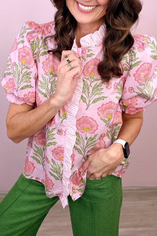 Pink Sweet Blooms Ruffle Striped Trim Puff Sleeve Shirt
