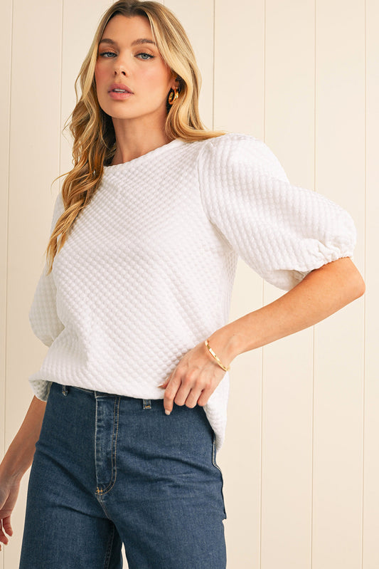 White Solid Textured  Neck Puff Sleeve Blouse