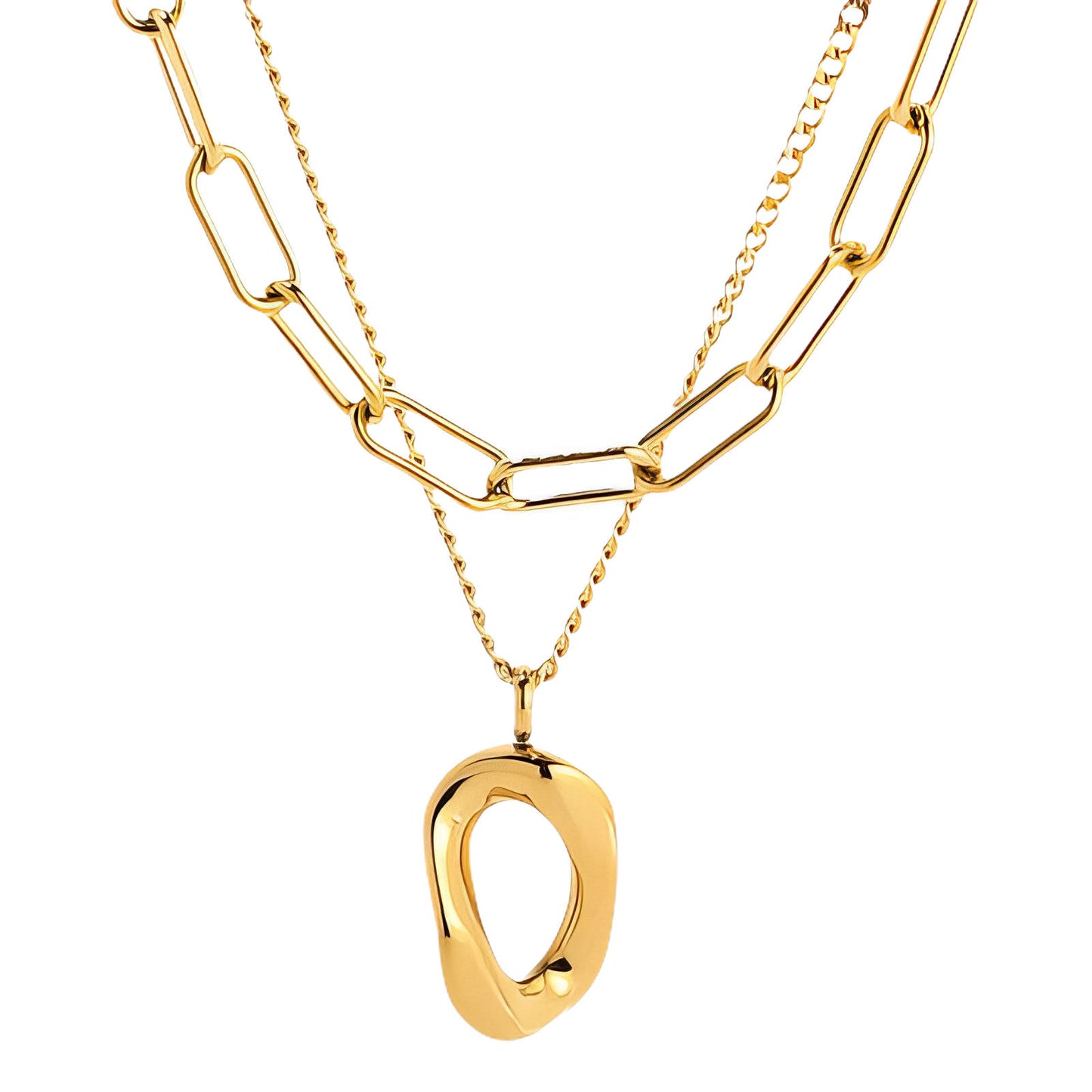 Double Chain Necklace with Round Pendant
