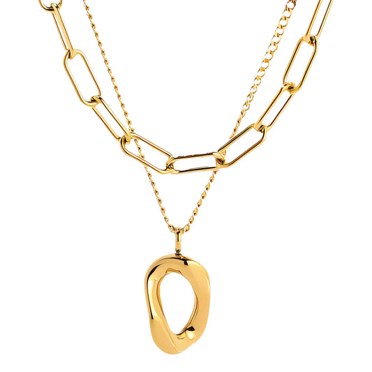 Double Chain Necklace with Round Pendant