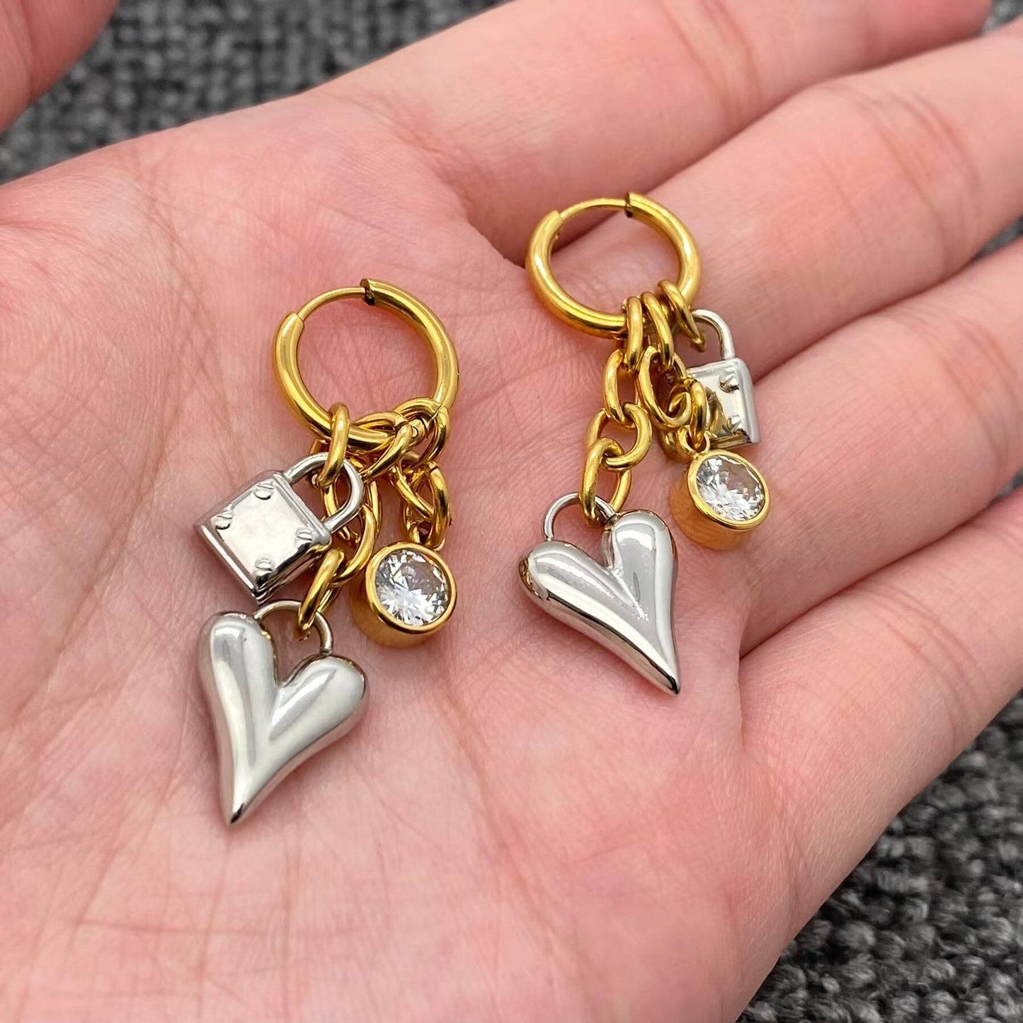 Heart & Lock Two Tone 18K Gold Plated Stainless Steel Earrings