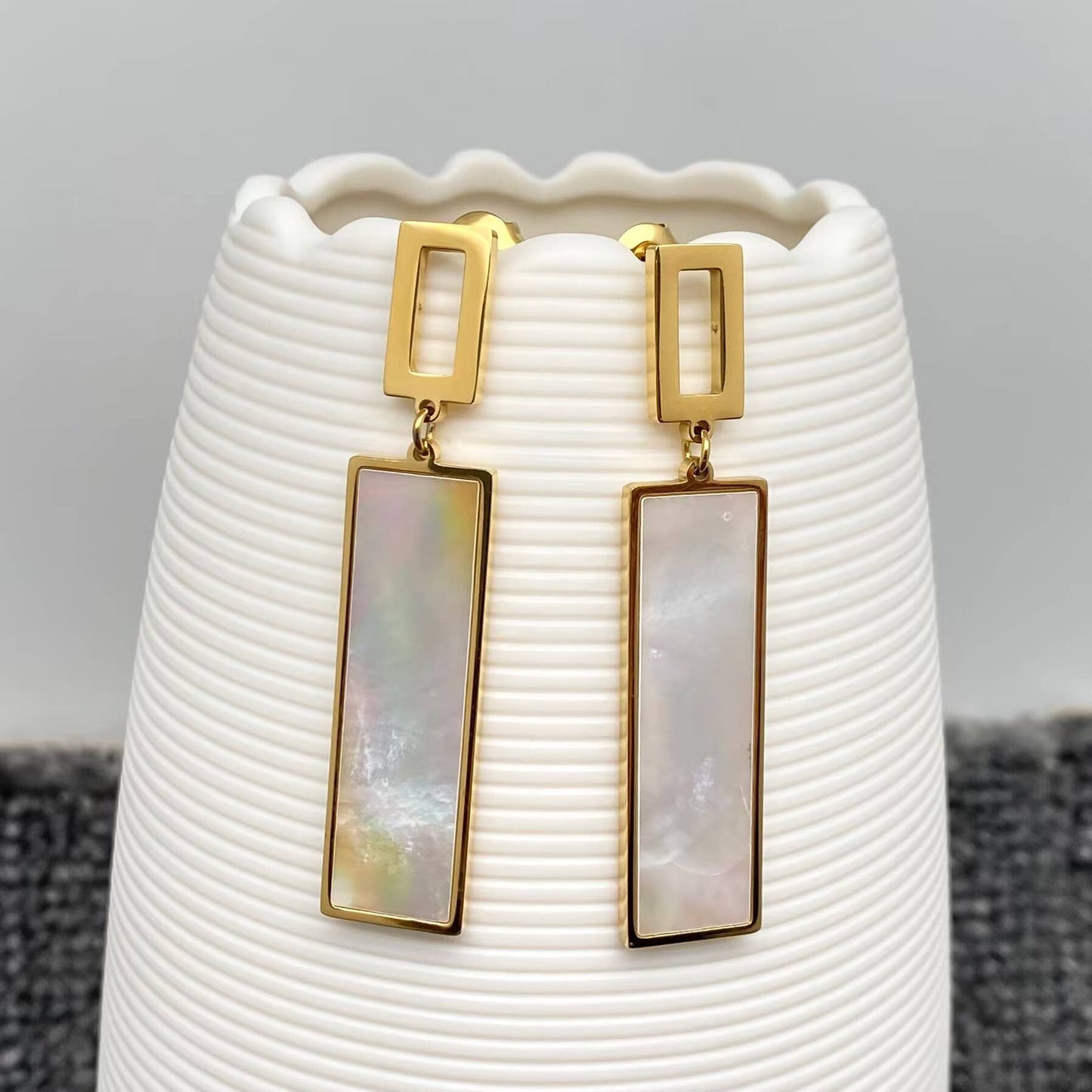 Glossy 18K Golden Stainless Steel Square Shell Dangle Earrings