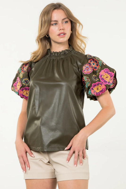Floral Puff Sleeve Boho Frill Neck Blouse