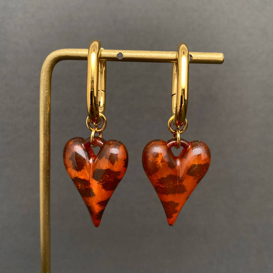 Acrylic Leopard Heart 18K Gold Plated SS Huggie Earrings