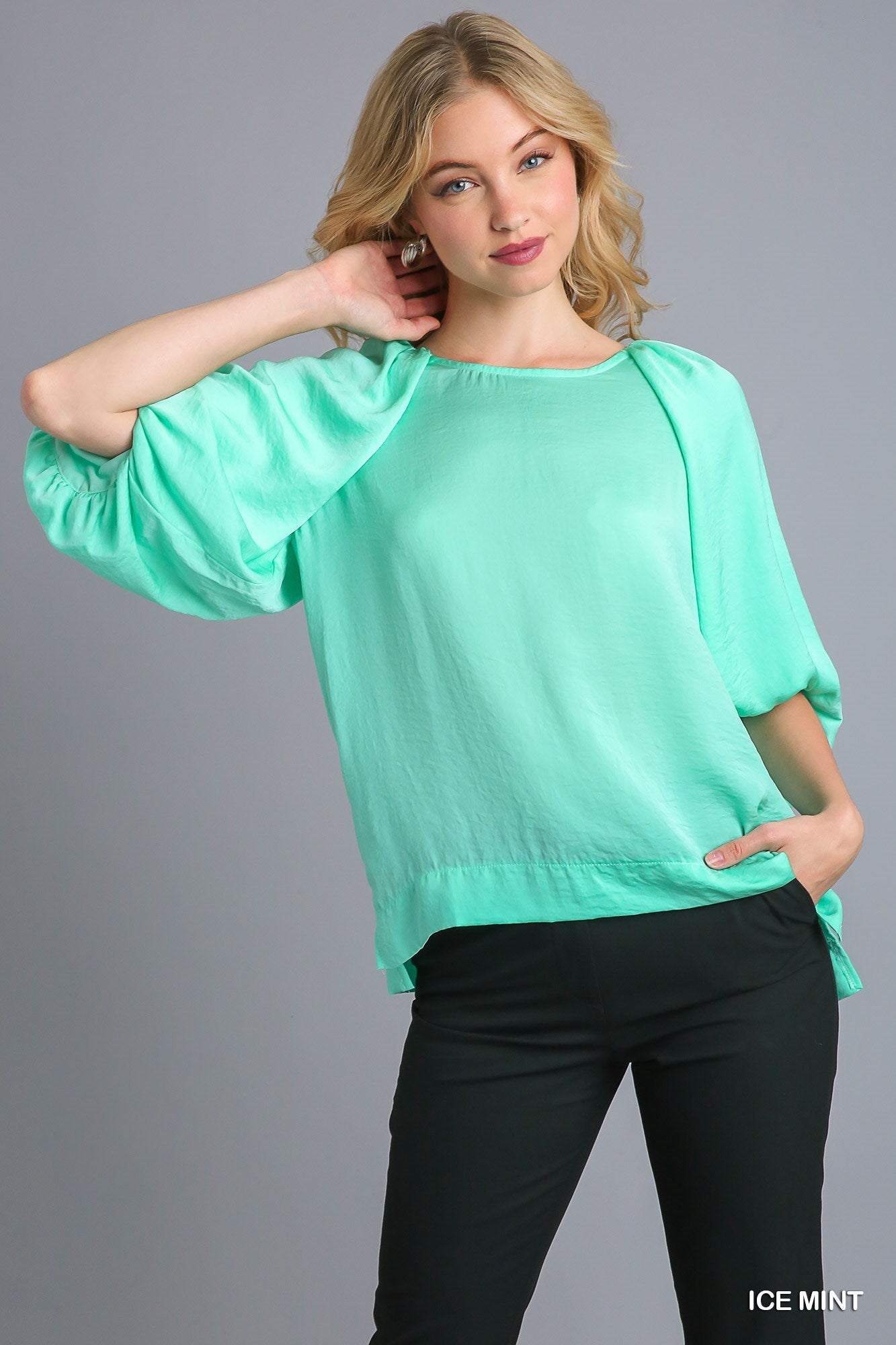 Washed Satin Half Balloon Sleeve Round Neck Top