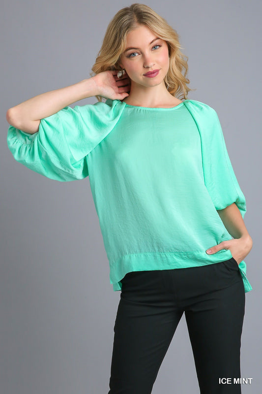 Washed Satin Half Balloon Sleeve Round Neck Top