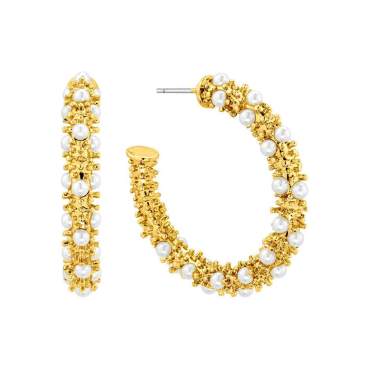 Gold Textured Pearl Hoops