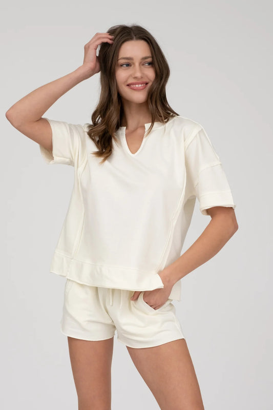 Washed Split Neck Patchwork Short Sleeve Knit Top