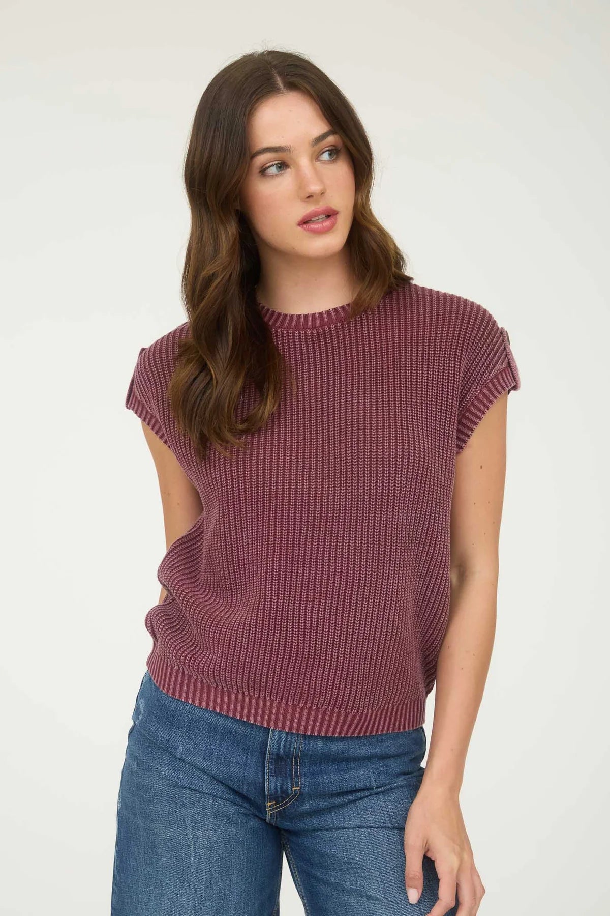 Washed Knit Short Tab Sleeve Pullover Sweater