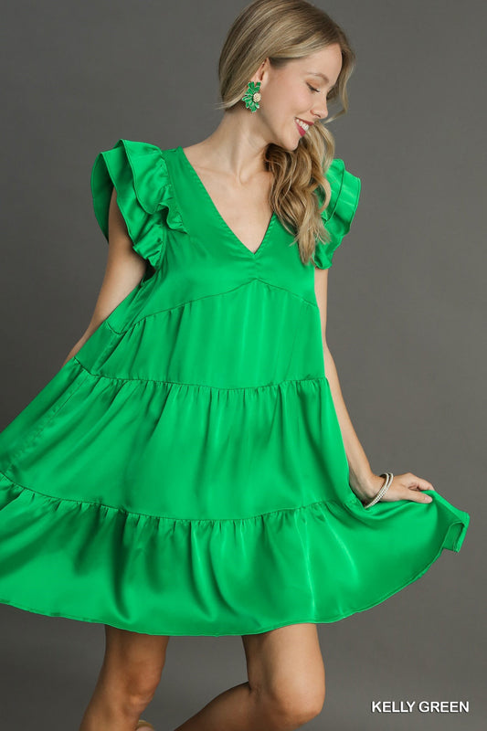 Satin Babydoll Tiered Dress with Ruffle Sleeve