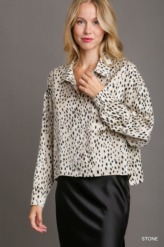 Animal Print Long Sleeve Top with Chest Pocket