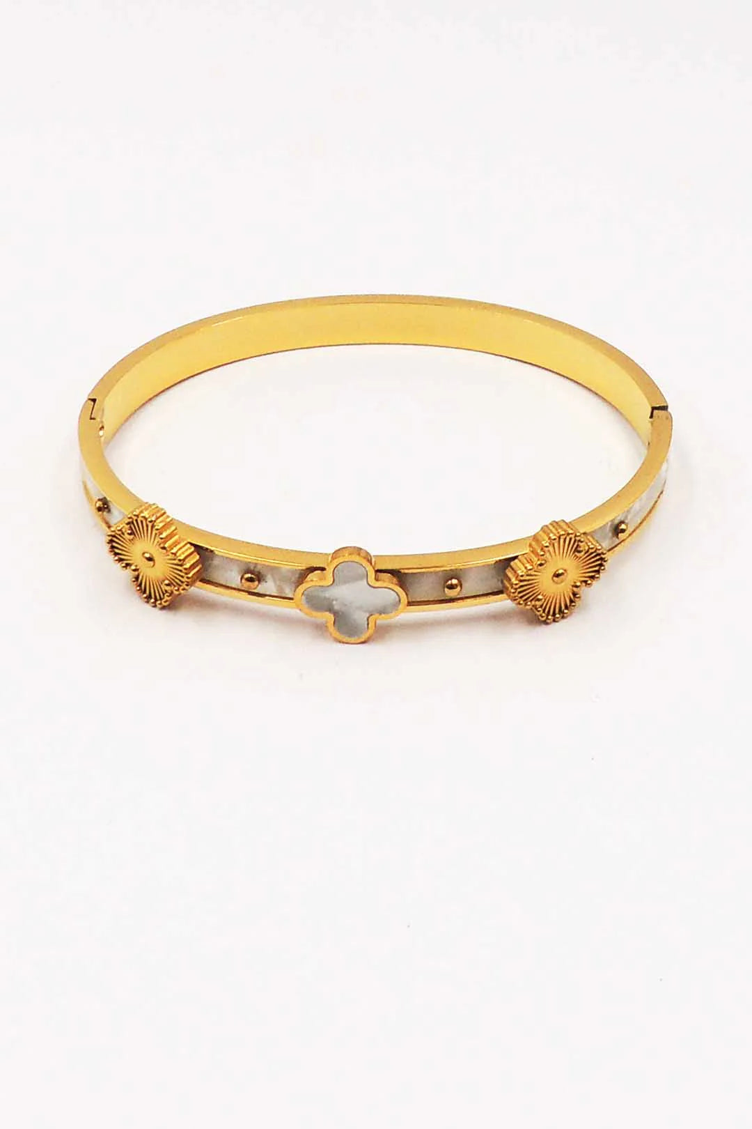 Stainless Steel Gold and Pearlized Clover Hinged Bangle