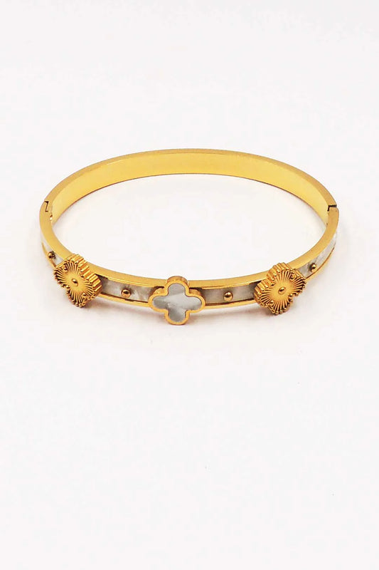 Stainless Steel Gold and Pearlized Clover Hinged Bangle