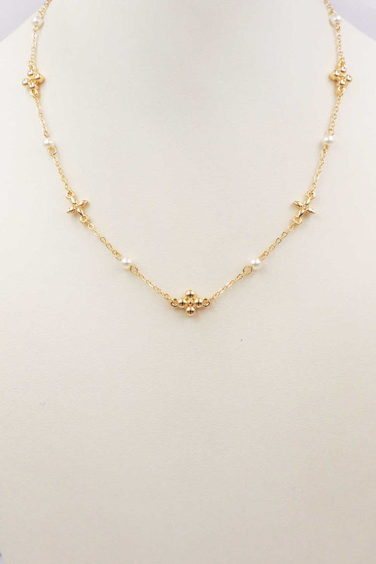 Gold Beaded Clover and Pearl Necklace