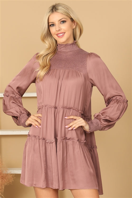 Shirred High Neck Puff Sleeve Tiered Satin Dress