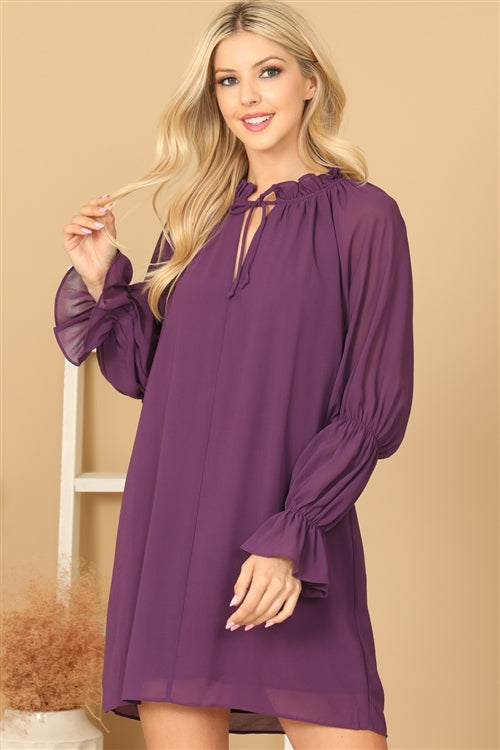 Ruffle Neck Keyhole Tie Long Sleeve Dress