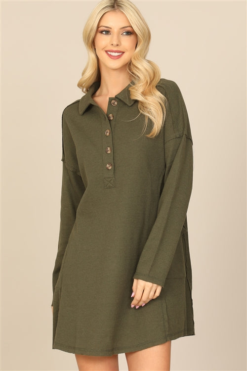 Long Sleeve Collared Button Detail Textured Dress