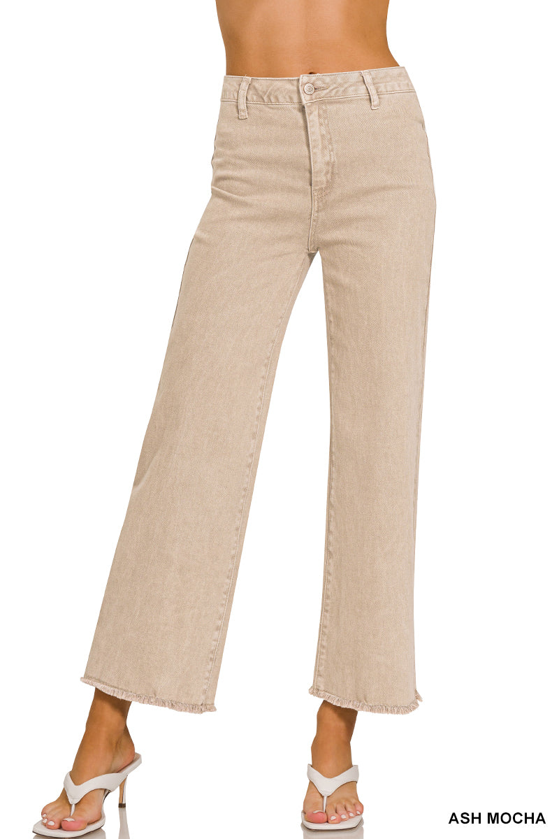 Acid Washed Frayed Cutoff Hem Straight Wide Jeans