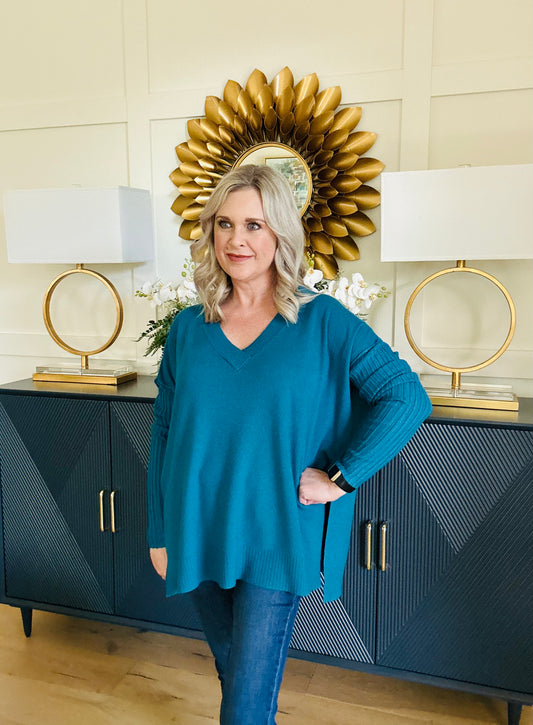 Viscose Ribbed Hem and Sleeve V-Neck Sweater