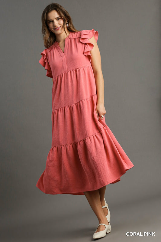 Solid Split Neck Midi Dress