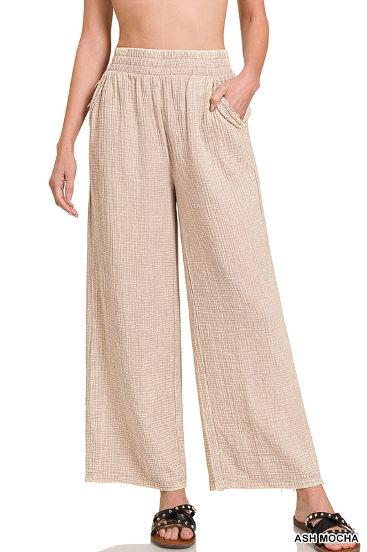 Washed Double Gauze Elastic Band Pants