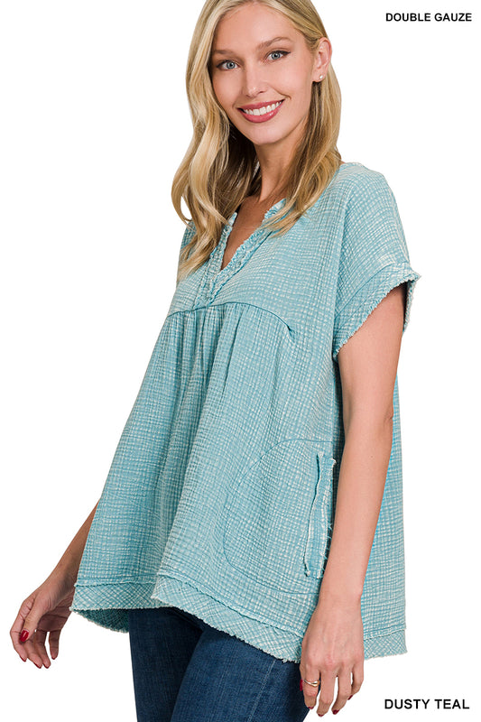 Washed Double Gauze Raw Edge Short Sleeve Shirt