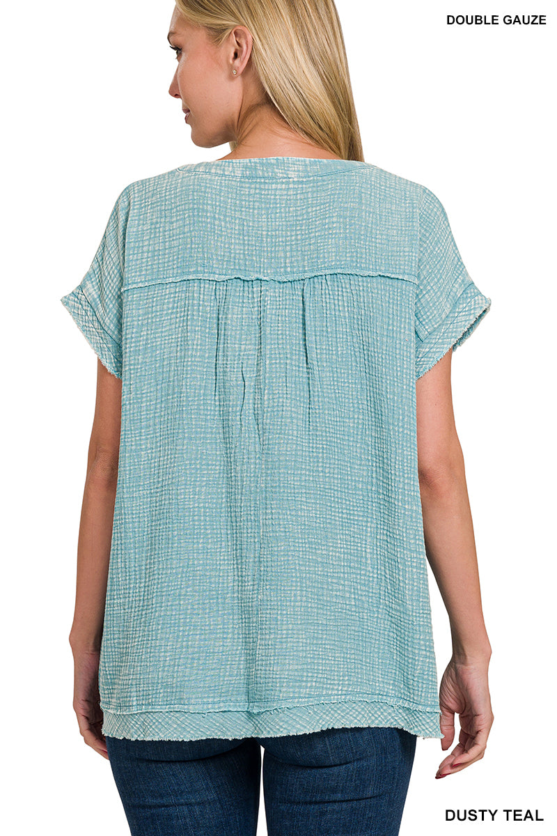Washed Double Gauze Raw Edge Short Sleeve Shirt