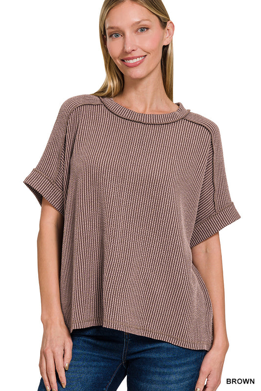 Raised Ribbed Cuff Sleeve Raw Edge Top