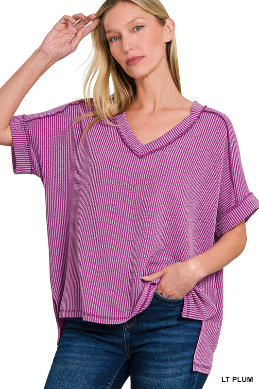 Rib Short Sleeve Hi-Low V-Neck Top