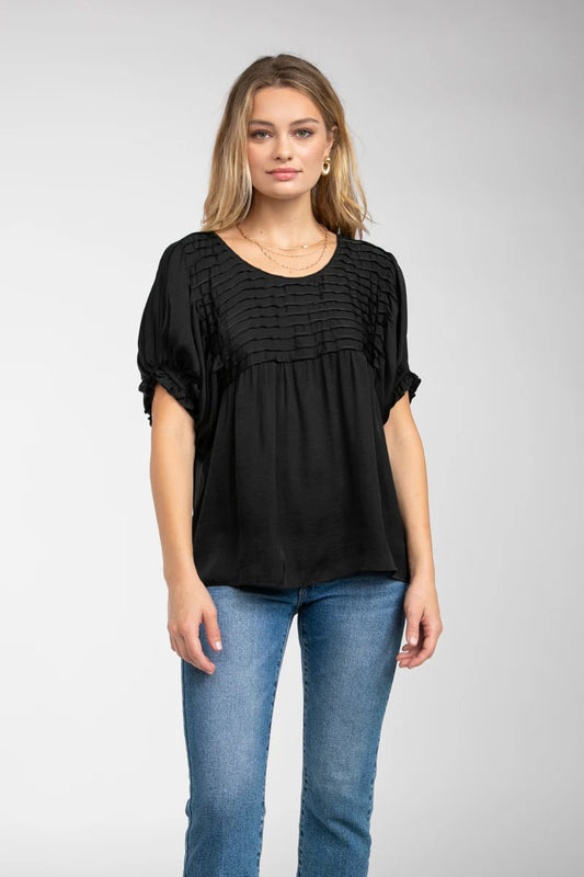 Short Sleeve Blouse With Pintuck Yoke Detail