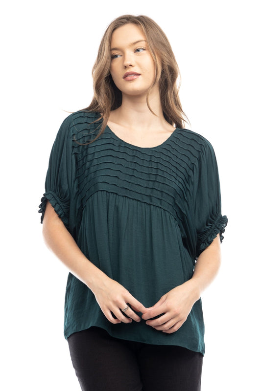 Short Sleeve Blouse With Pintuck Yoke Detail