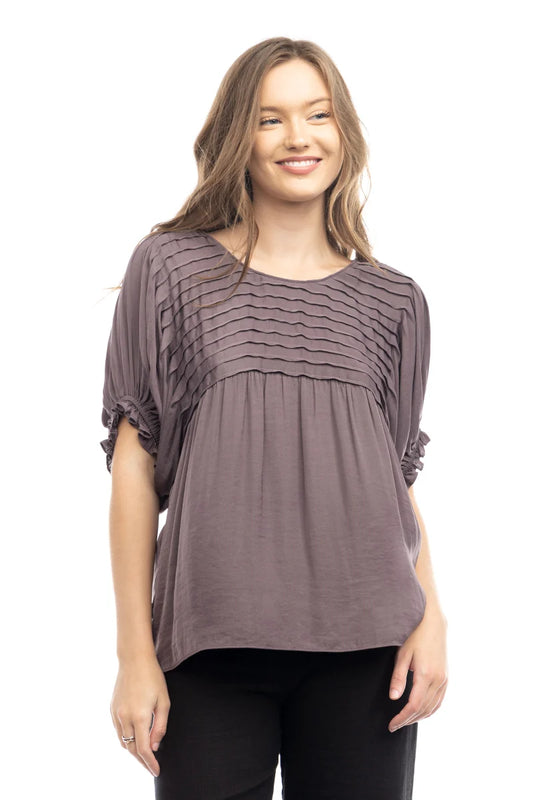 Short Sleeve Blouse With Pintuck Yoke Detail