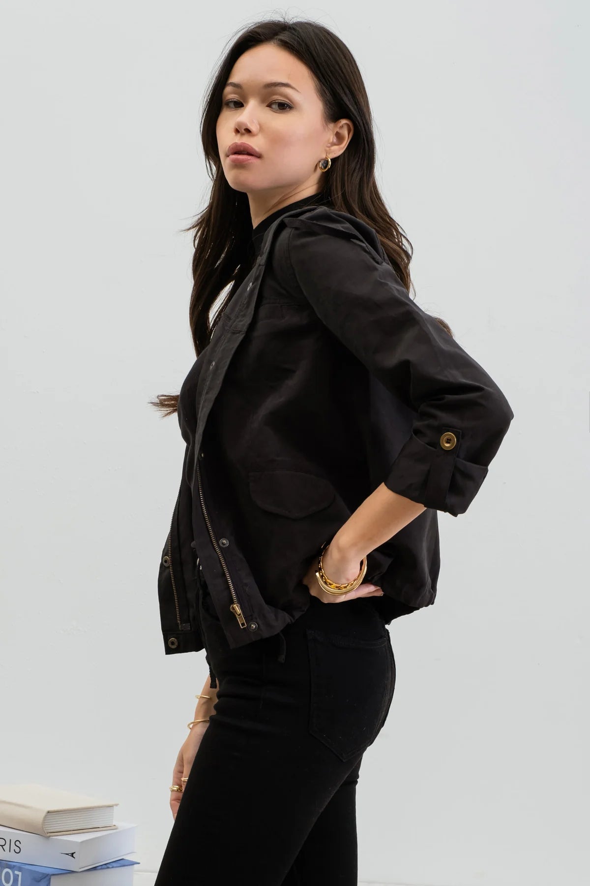 Snap Button Zip Up Hooded Jacket