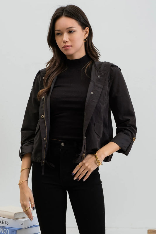 Snap Button Zip Up Hooded Jacket