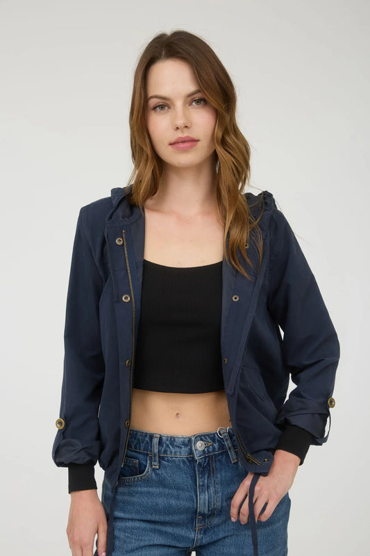 Snap Button Zip Up Hooded Jacket