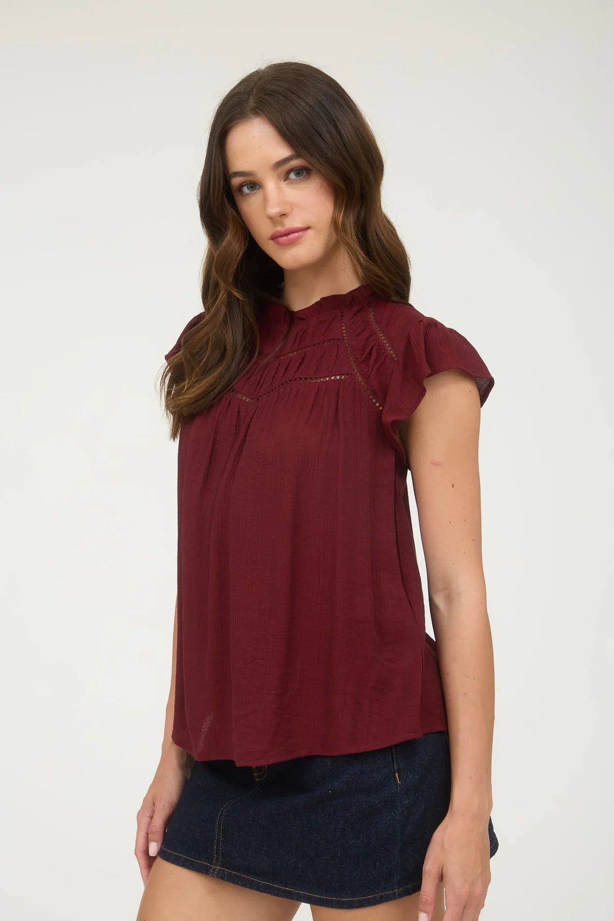 Lace Trim Ruffle Detail Short Sleeve Blouse