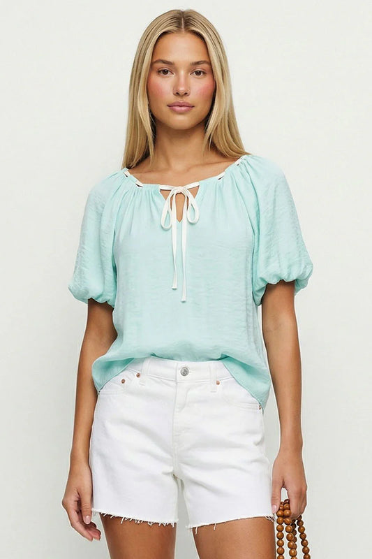 Aqua Drawstring Bubble Blouse