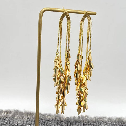 18K Gold Plated Metal Leaves Fringe Post Earrings